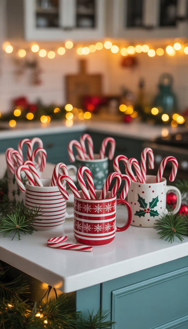 A kitchen island decorated for Christmas with festive mugs filled with candy canes.
