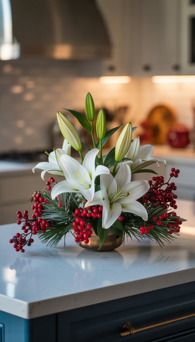 A kitchen island with a centerpiece of white lilies and red berries on a bright countertop.