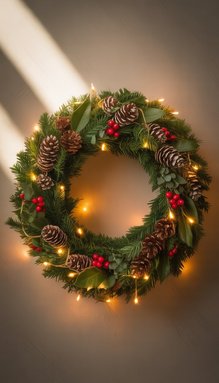 A flat Christmas wreath decorated with pinecones, red berries, holly, and glowing twinkle lights.