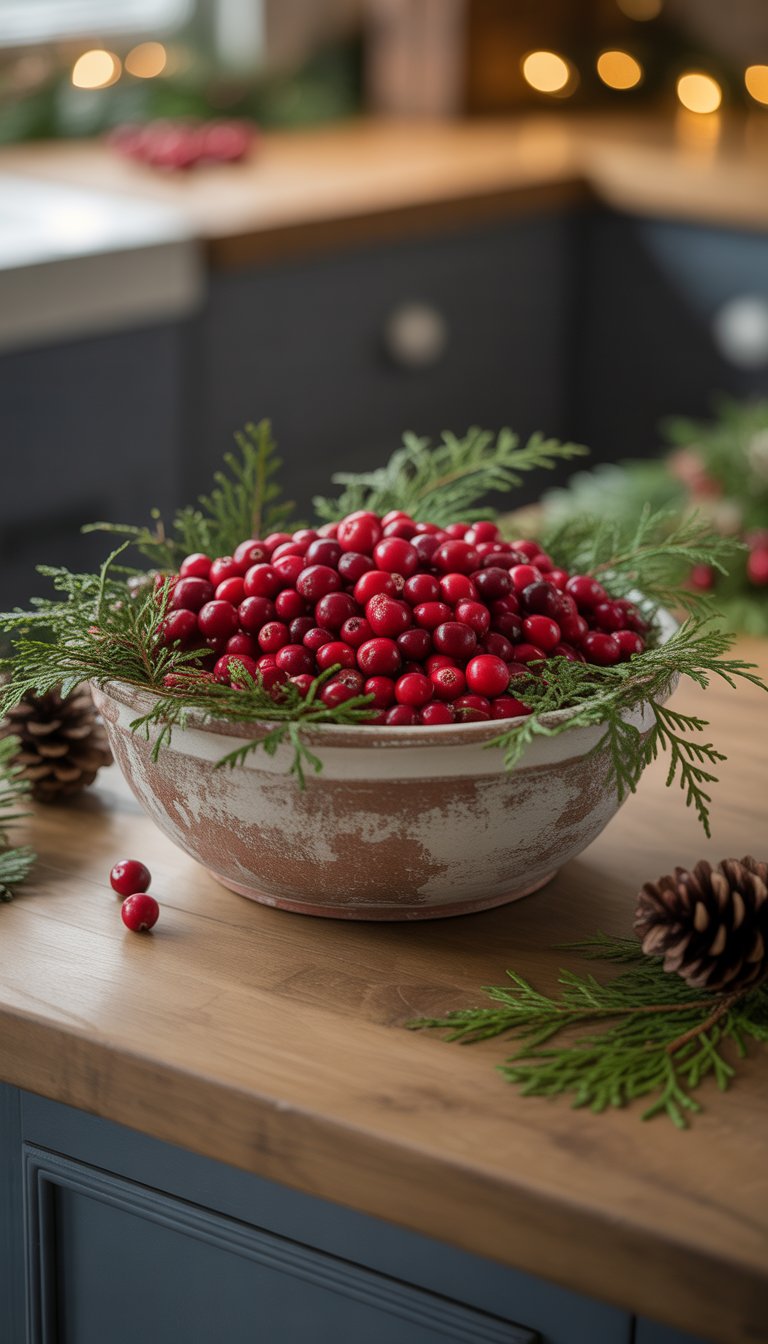 A ceramic bowl filled with fresh cranberries and green leaves on a wooden kitchen island with Christmas decorations.