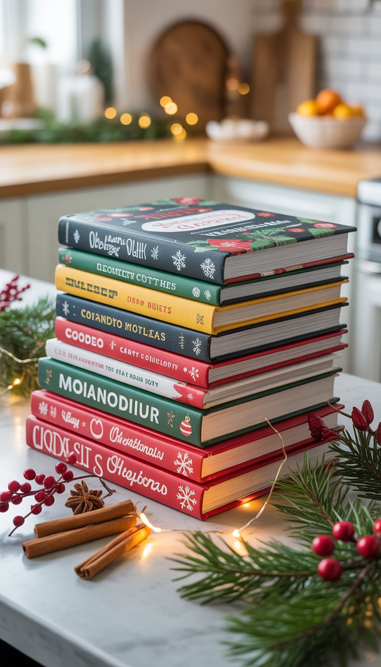 Stack of holiday-themed cookbooks on a kitchen island surrounded by Christmas decorations and warm lighting.