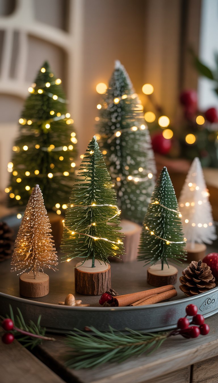 Miniature Christmas trees with twinkling lights arranged on a decorative tray with holiday accents.