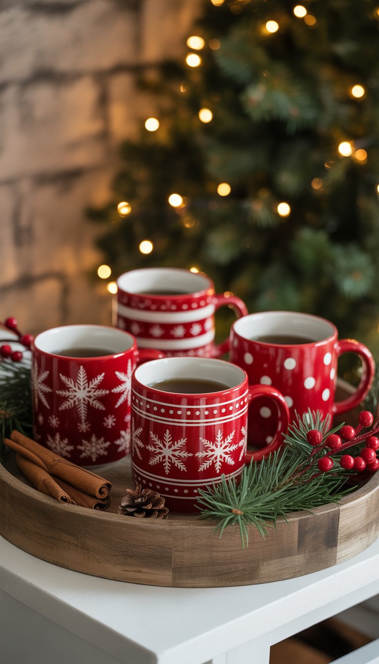 A wooden tray holding red and white ceramic mugs decorated with Christmas patterns, surrounded by pine branches, berries, and cinnamon sticks.