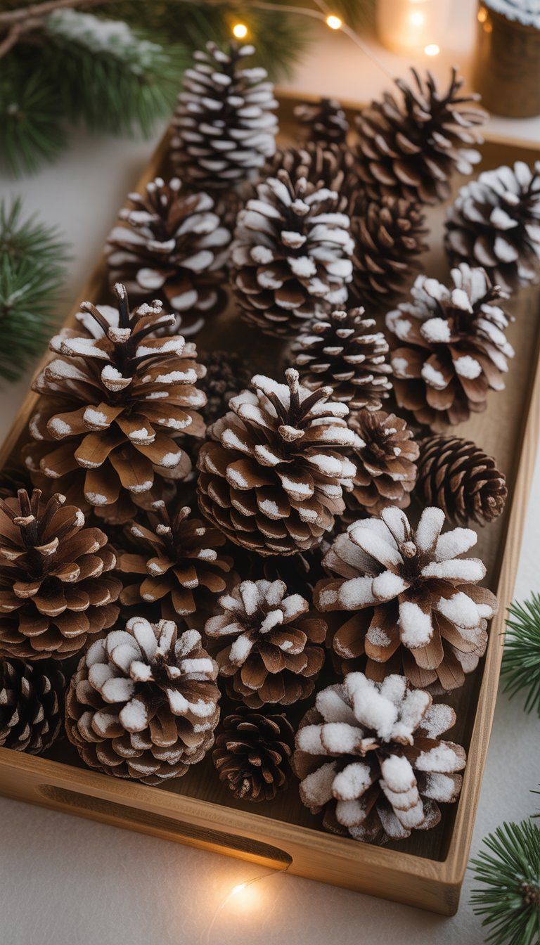 Clusters of pinecones dusted with snow arranged on a wooden tray with a blurred background.