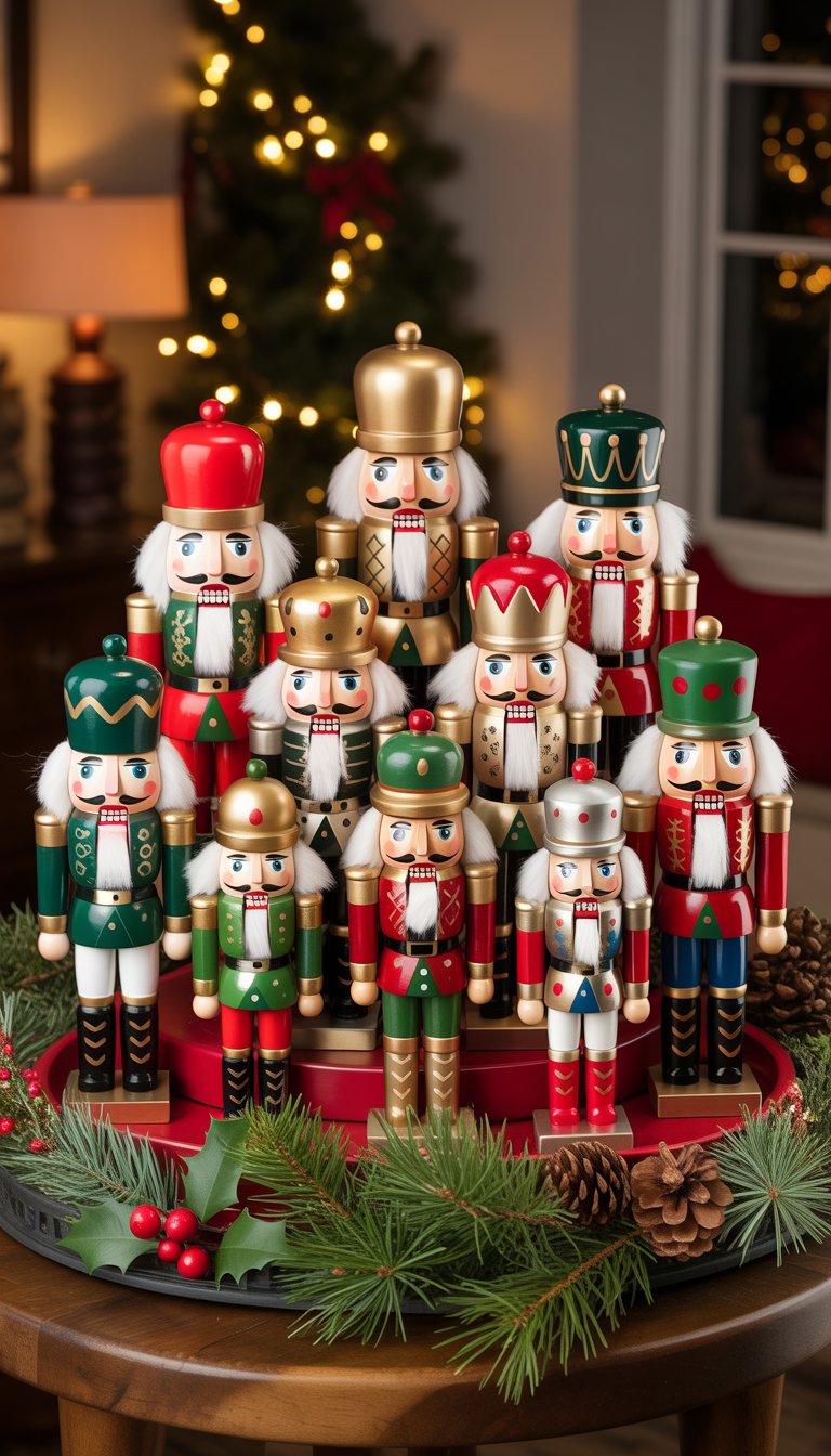 A tray displaying twelve colorful hand-painted wooden nutcrackers surrounded by Christmas decorations including pine branches and berries.