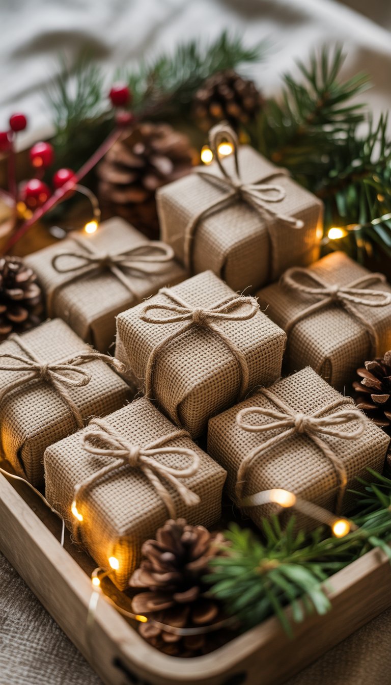 A tray with small burlap-wrapped gift boxes tied with twine, surrounded by pinecones, evergreen sprigs, red berries, and warm fairy lights.