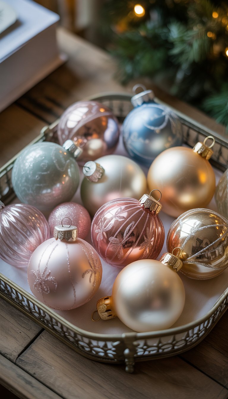 A tray filled with pastel-colored vintage glass Christmas ornaments arranged on a wooden surface with soft lighting.