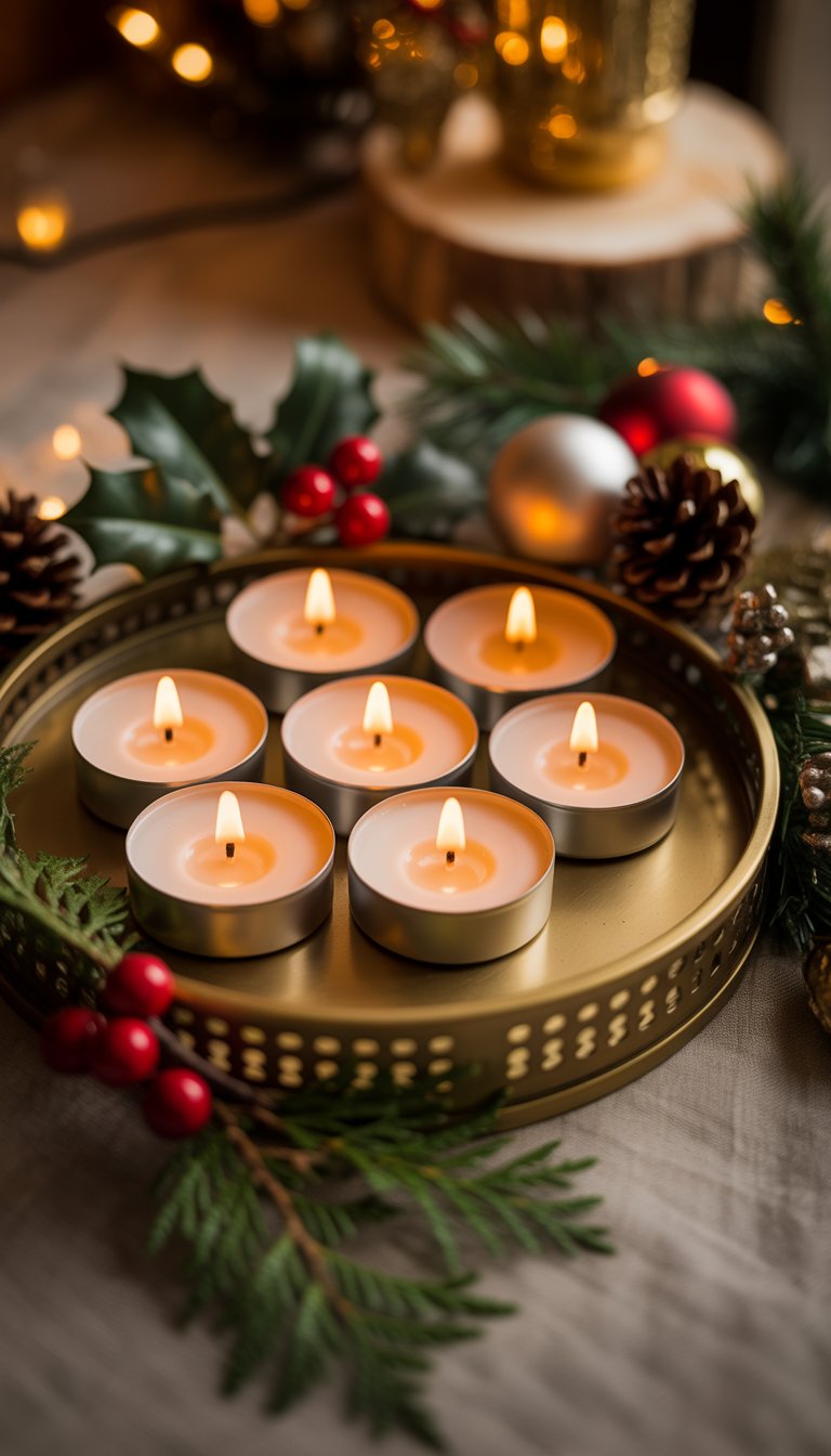 A tray with LED candle tealights flickering surrounded by Christmas decorations like pinecones, holly, and ornaments.
