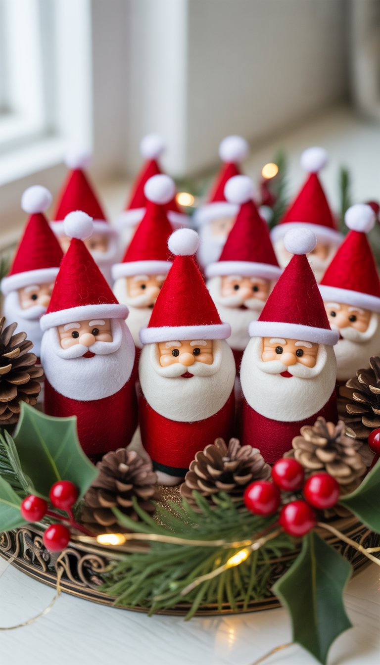 Mini Santa Claus figurines with felt hats arranged on a Christmas tray decorated with pine cones, holly berries, and evergreen branches.