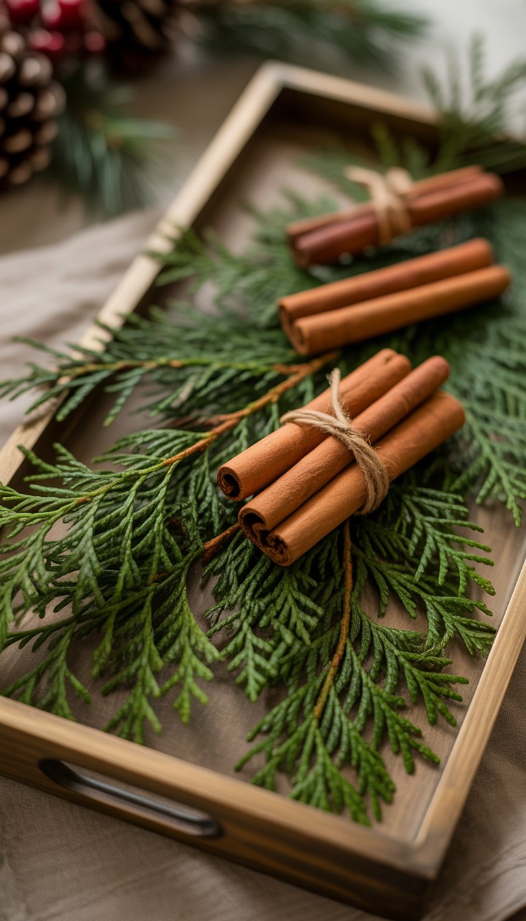 A Christmas tray decorated with fresh evergreen sprigs and cinnamon sticks arranged together.