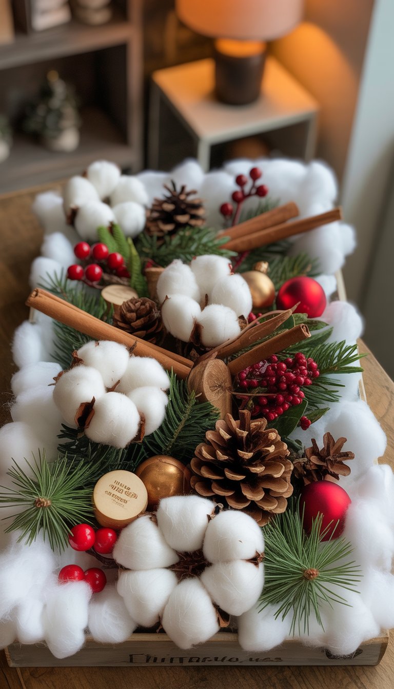 A Christmas tray decorated with cotton balls resembling snow, pine cones, evergreen sprigs, cinnamon sticks, and red berries arranged together.