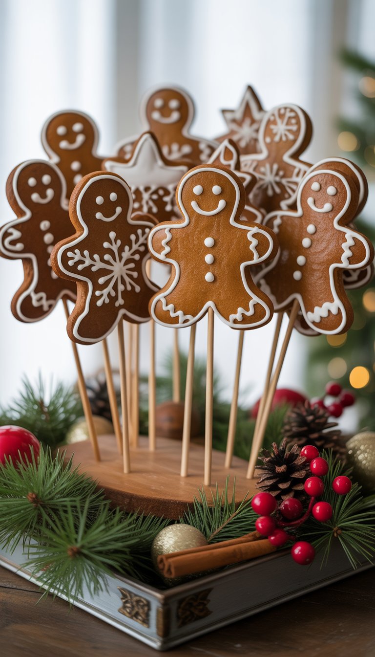 Tray holding gingerbread cookie cutouts on sticks decorated with white icing, surrounded by Christmas decorations like pine branches and red berries.