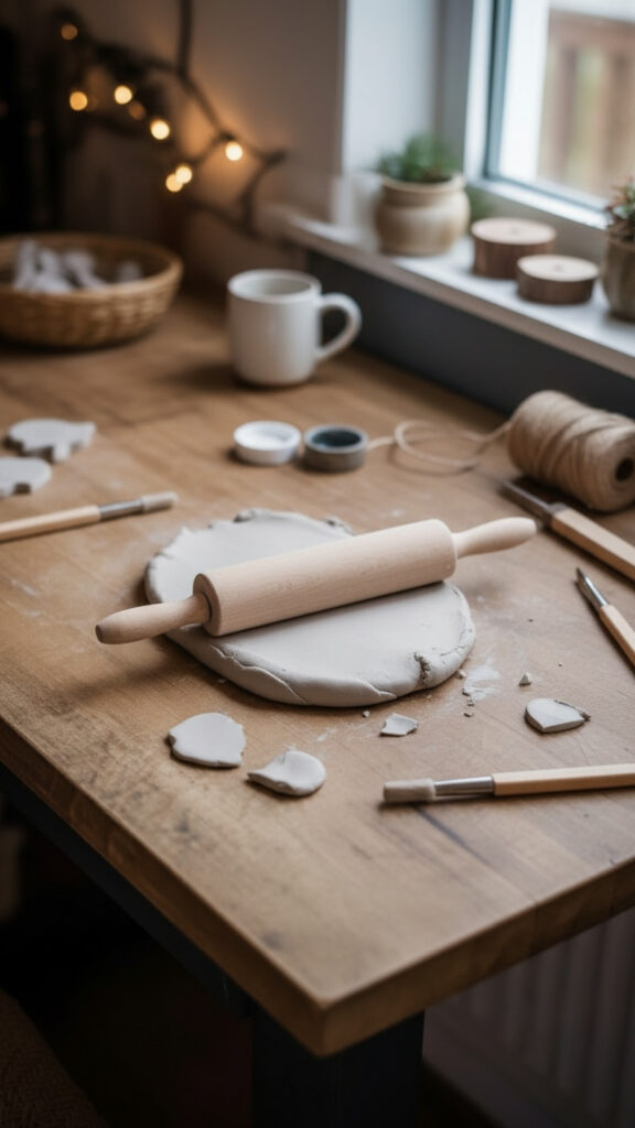 wide angle farmhouse style photo of air dry clay being rolled out on a wooden kitchen surface, rolling pin in frame, natural light, soft shadows, neutral tones, overhead view, clean rustic aesthetic