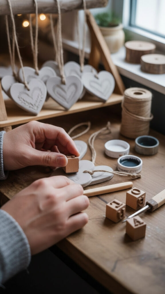 detailed view of rubber alphabet stamps creating clean impressions on a clay heart, hands visible, cozy farmhouse styling, neutral backdrop, soft natural light