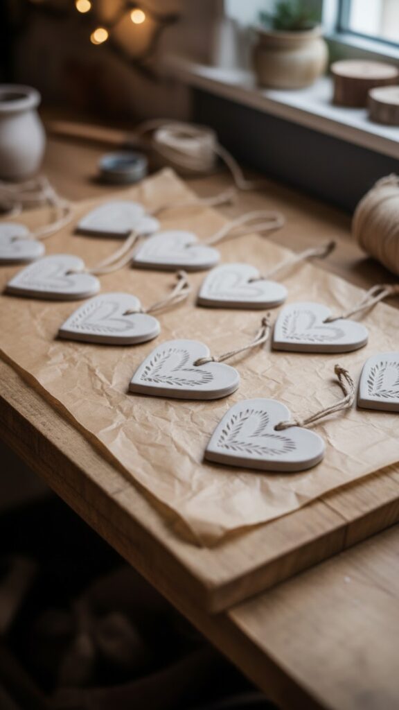 drying clay heart ornaments laid on parchment paper over a wooden board, soft white tones, farmhouse interior feel, gentle shadows