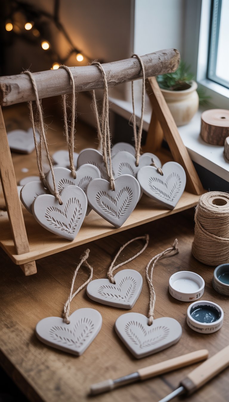 How to Create Stamped Clay Heart Ornaments with Rustic Twine Hangers