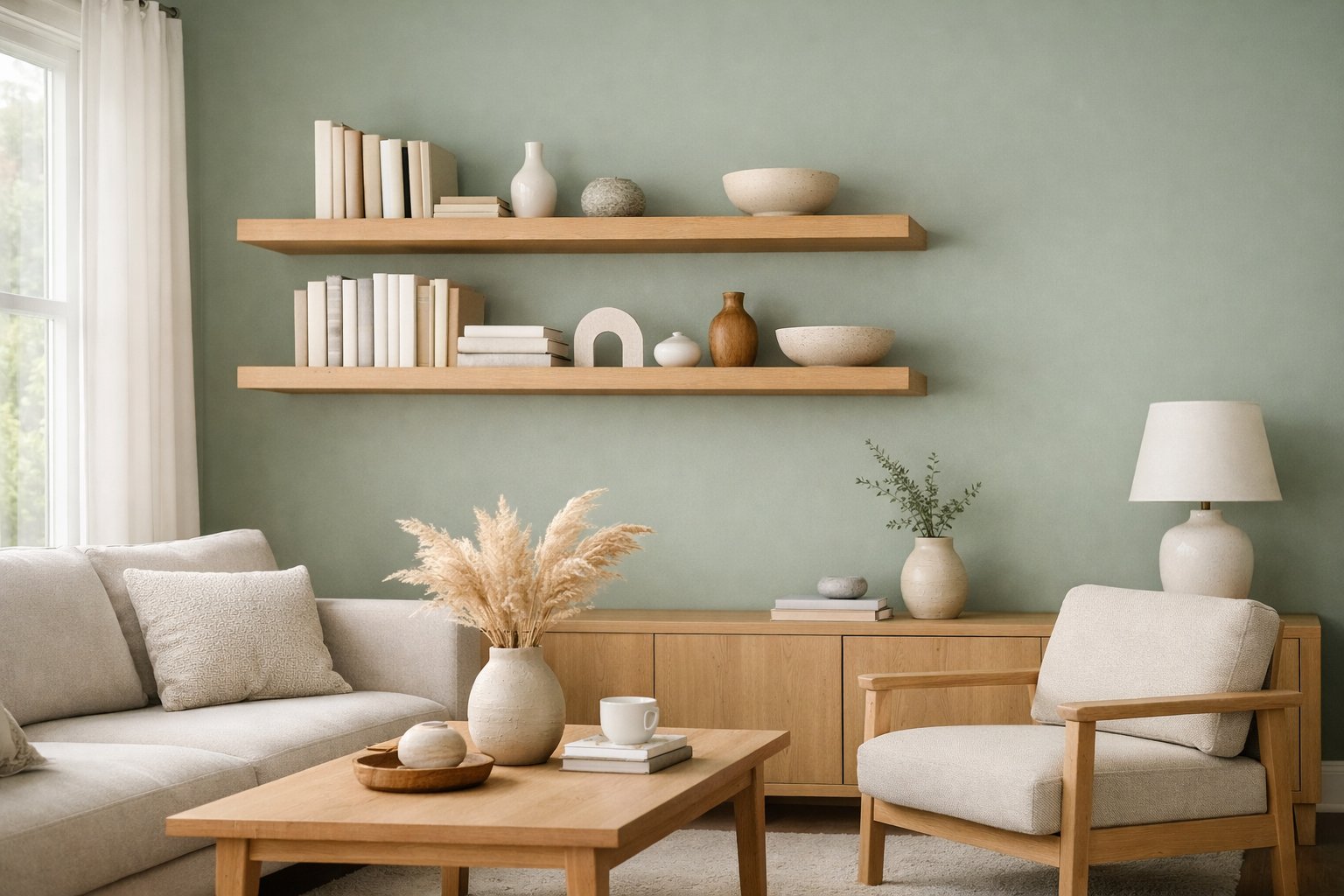 A living room with light wood floating shelves holding books and decorative items against sage green walls.
