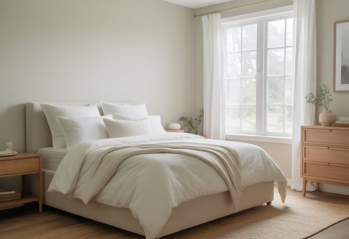 A bedroom with white walls, a bed with white linens, wooden furniture, and natural light coming through a window.
