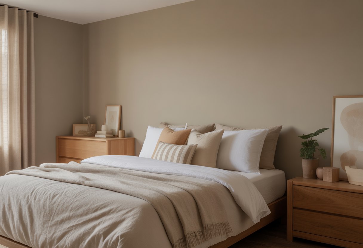 A bedroom with beige-gray walls, a made bed, wooden furniture, and natural light coming through sheer curtains.