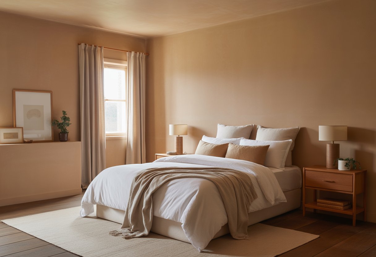 A cozy bedroom with warm tan walls, a neatly made bed, wooden nightstands, and soft natural light coming through a window.