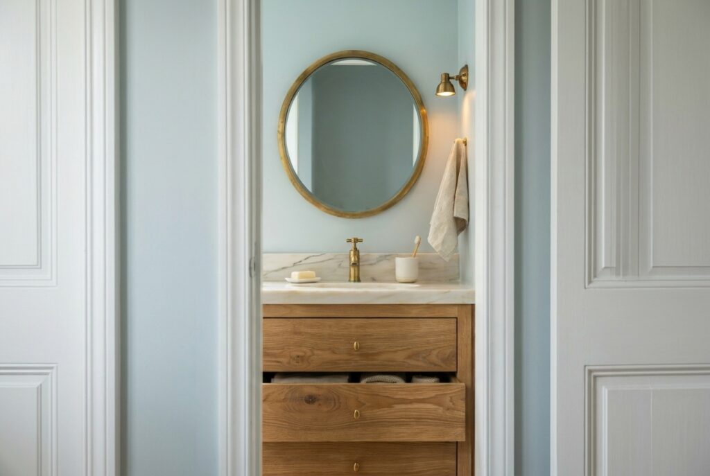 Farmhouse bathroom vanity wall featuring Sea Salt painted walls, a white oak vanity with a marble top, an aged brass faucet, a round mirror and a lit sconce, illustrating Sherwin Williams bathroom colors in soft morning light.