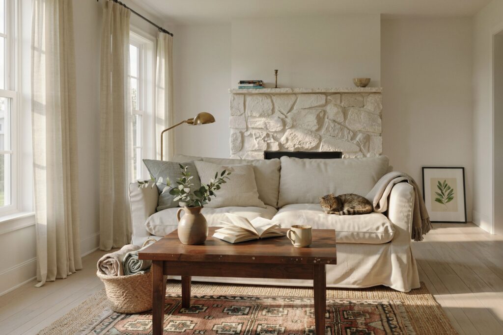Sherwin Williams Alabaster Paint Review: Sherwin Williams Alabaster living room walls and trim with white oak floors