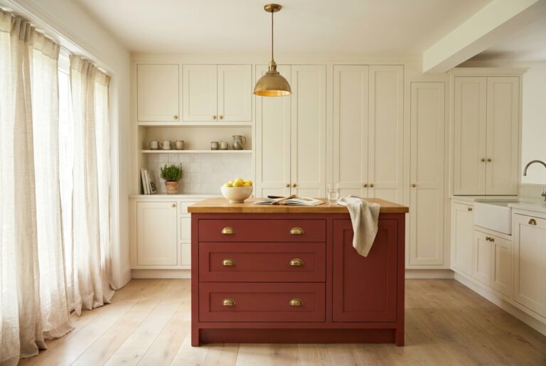 Farmhouse kitchen featuring a Carnelian painted island with a butcher block top, warm white perimeter cabinets, a brass pendant switched on, a bowl of lemons, an open cookbook and a linen towel over the island edge, illustrating Sherwin Williams kitchen colors used on an island.